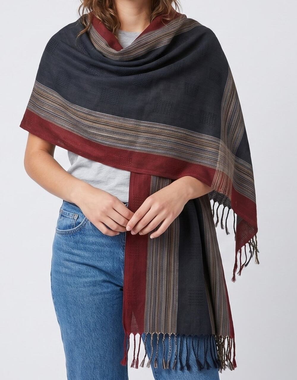 Large Womens Scarf with Fringe 25.5" x 67" Black Red Color Block
